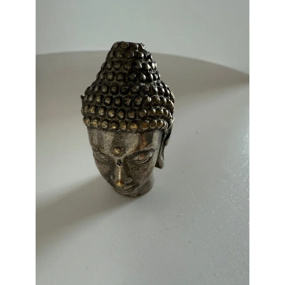 Vintage Metal Buddha Head Figurine Antiqued Silver Gold Tone Decorative Bust